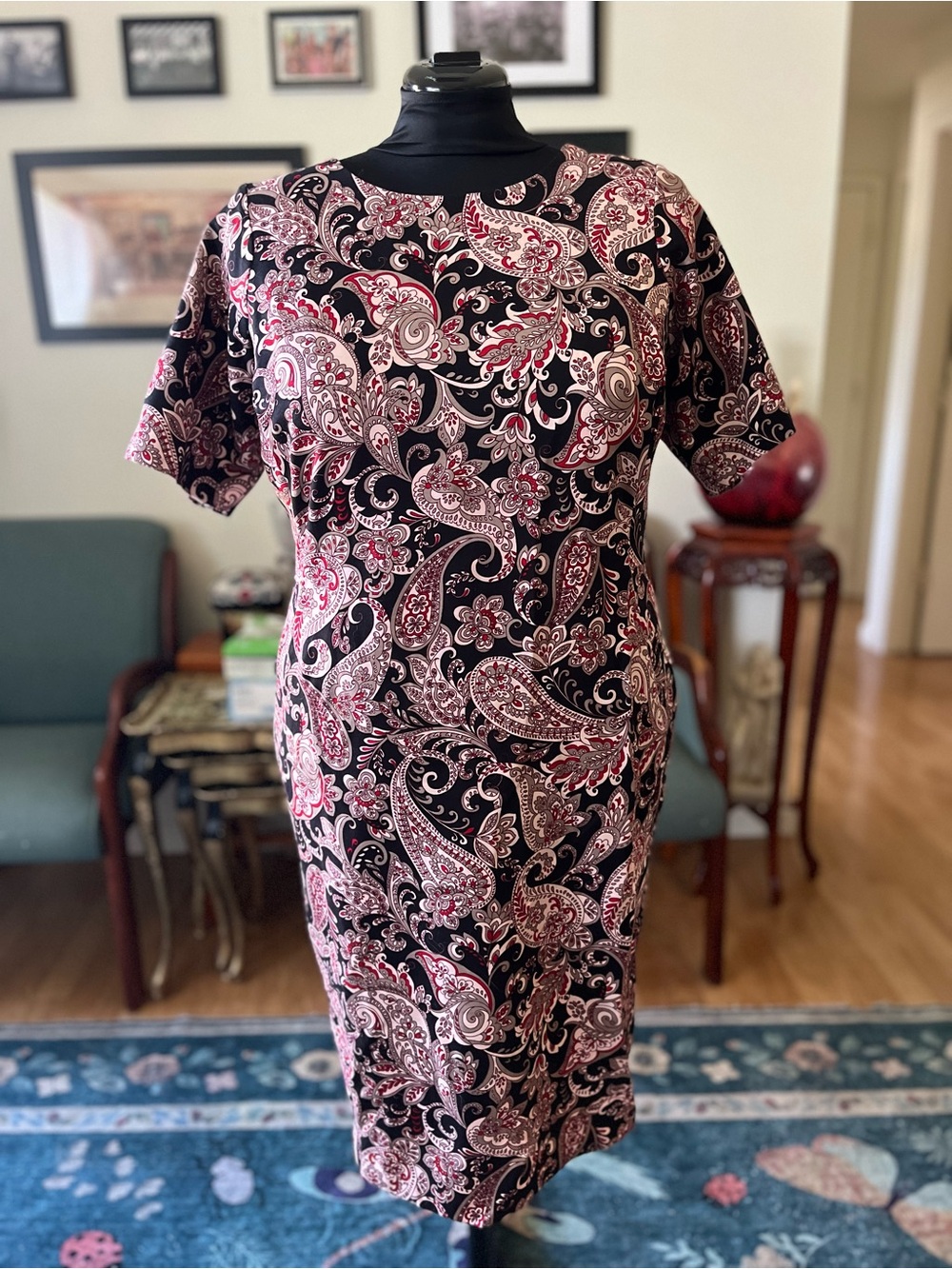 Lands' End Black and Pink Paisley Midi Dress